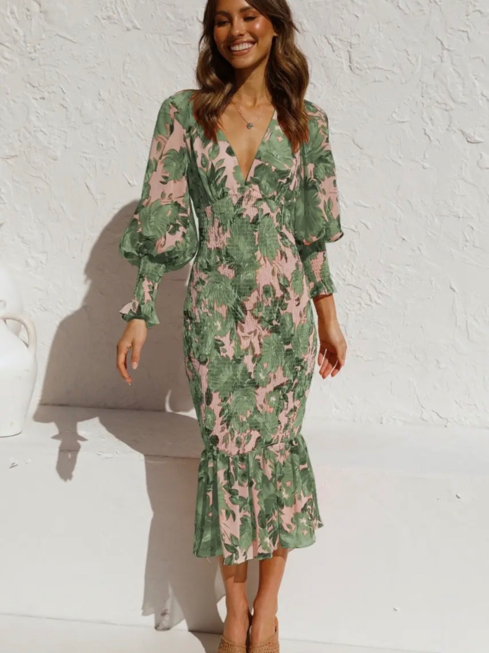Elegant Floral V-Neck with Ruffled Hem Dress